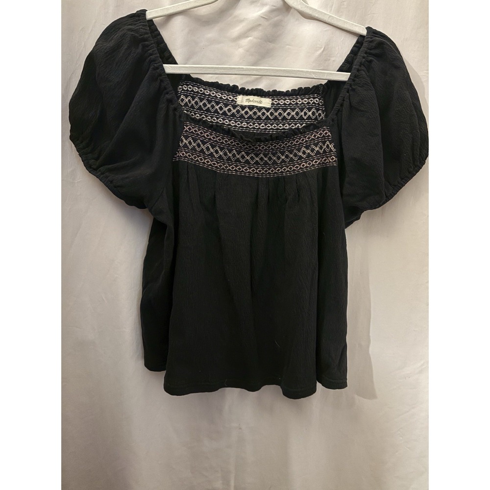 🖤 Madewell Women's Smocked Embroidered Peasant Top – Size L – Black Puff Sleeve